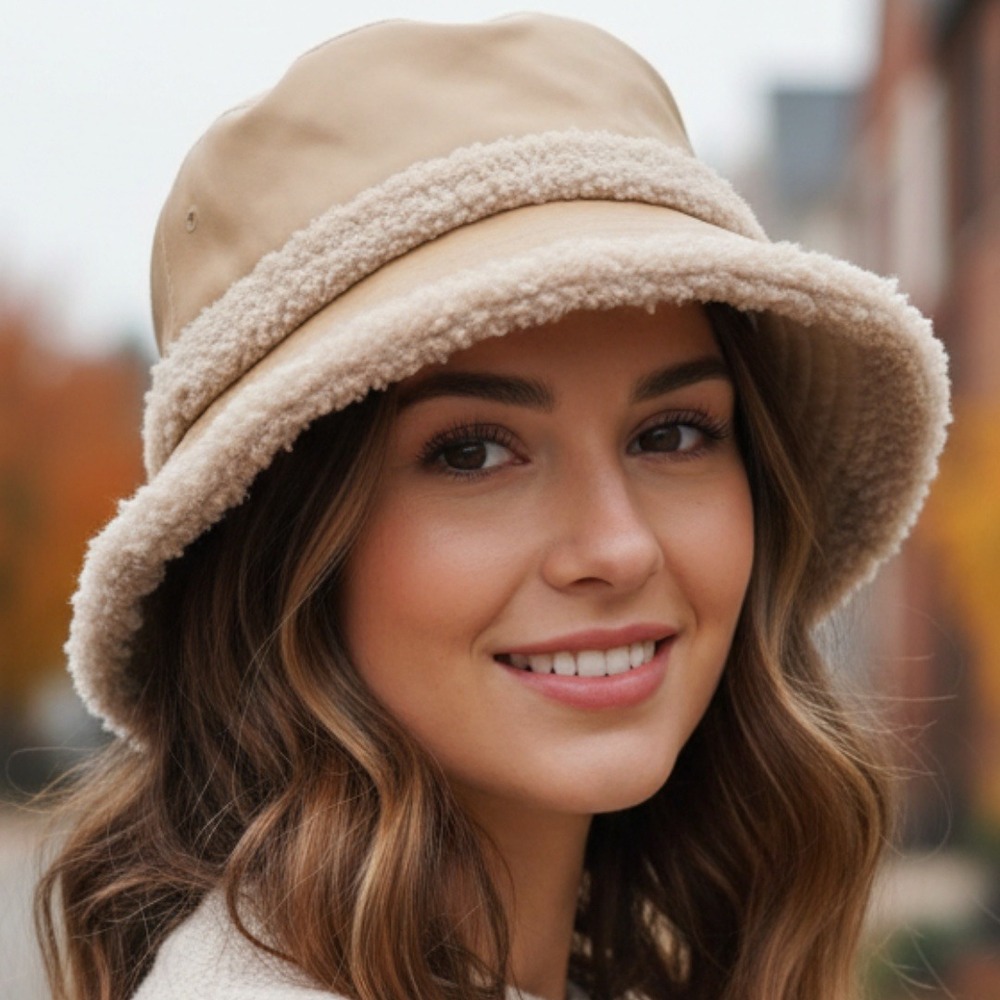 CC Beanie Womens Tan Faux Leather Sherpa Trim Bucket Hat Beige Winter NWT